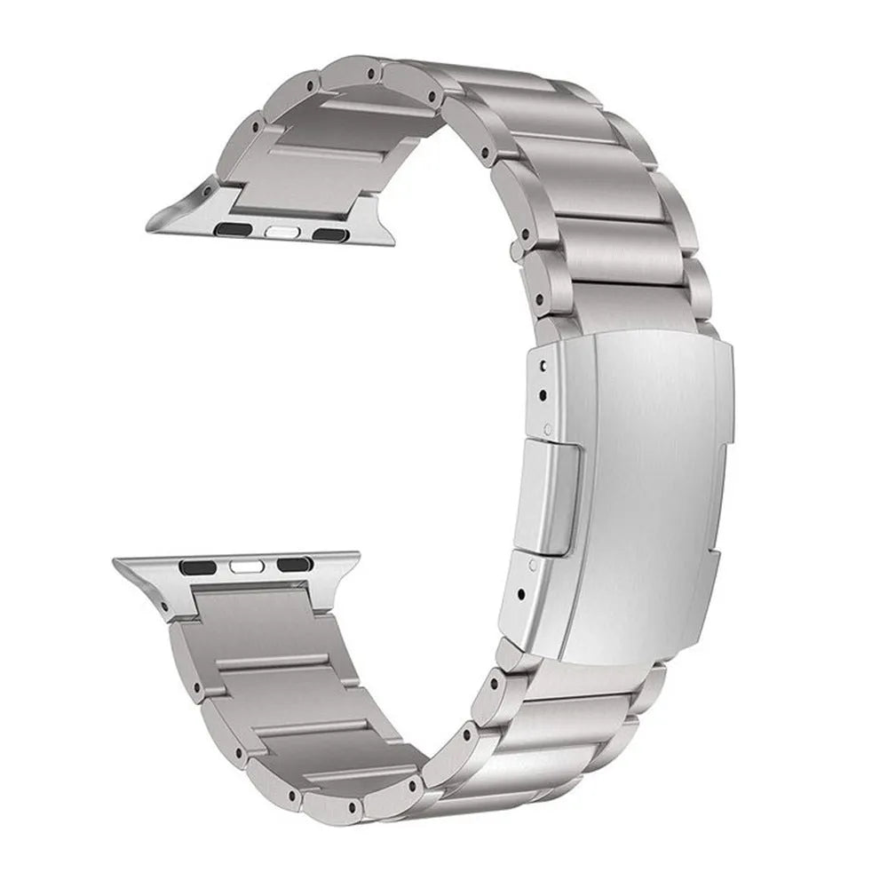 Titanium alloy Apple Watch replacement strap with folding buckle in black or silver