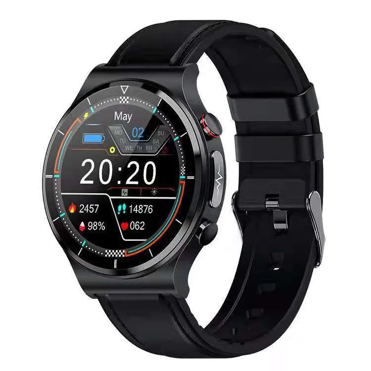 Smart watch with ECG monitoring, wireless charging, 1.32 inch screen, metal alloy case, and leather strap