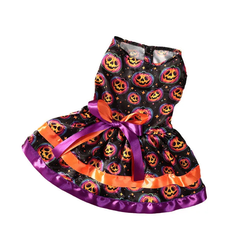 Colourful double-layer Halloween dog skirt with pumpkin print, shown in size M.