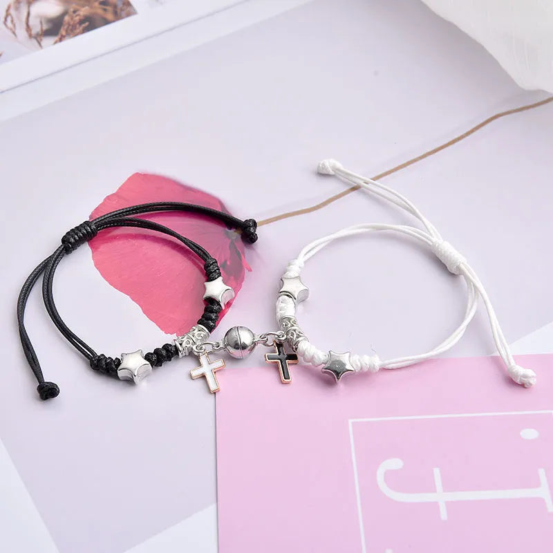 Magnet couple bracelets with electroplated finish showing magnetic clasp and symbolic design options
