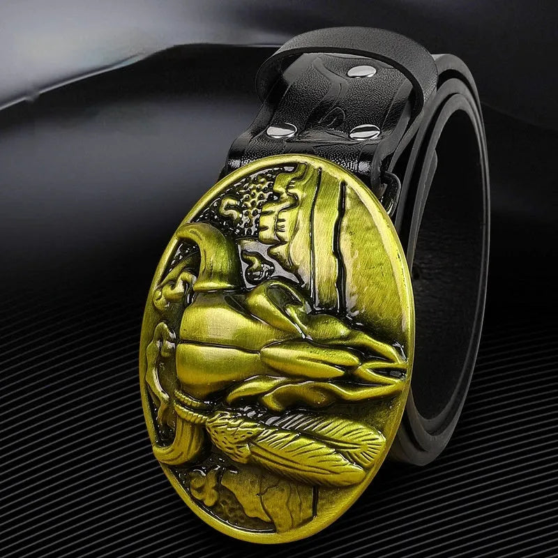 Men's belt with detailed cow head alloy buckle on imitation leather strap with pin buckle fastening