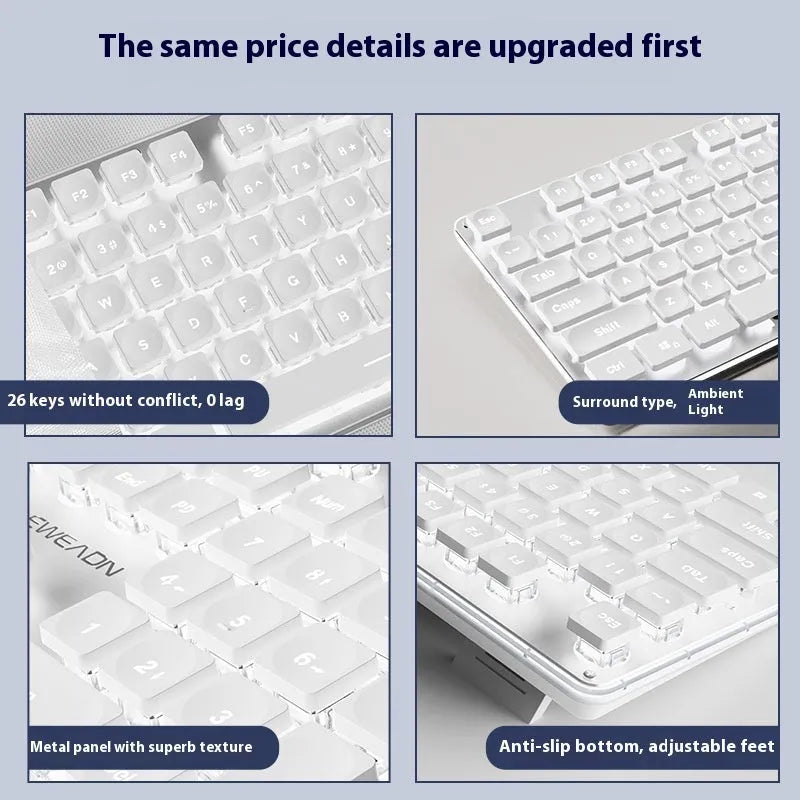 Wired mute keyboard with mechanical feel, ABS construction, 44x13x2cm, white light variant on desk