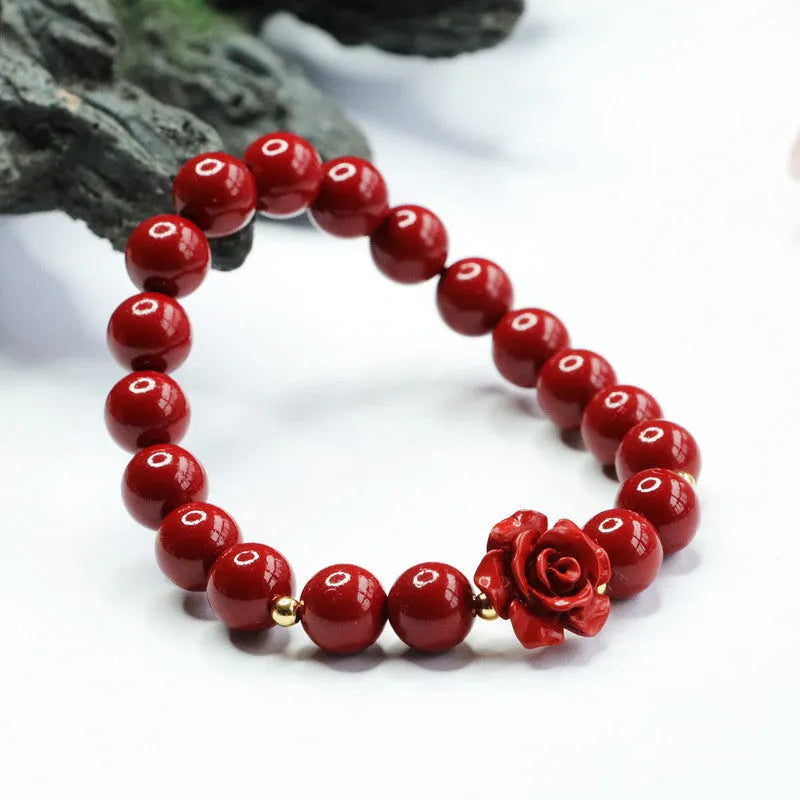 Natural cinnabar bracelet with purple gold sandstone rose pendant, 8mm bead size