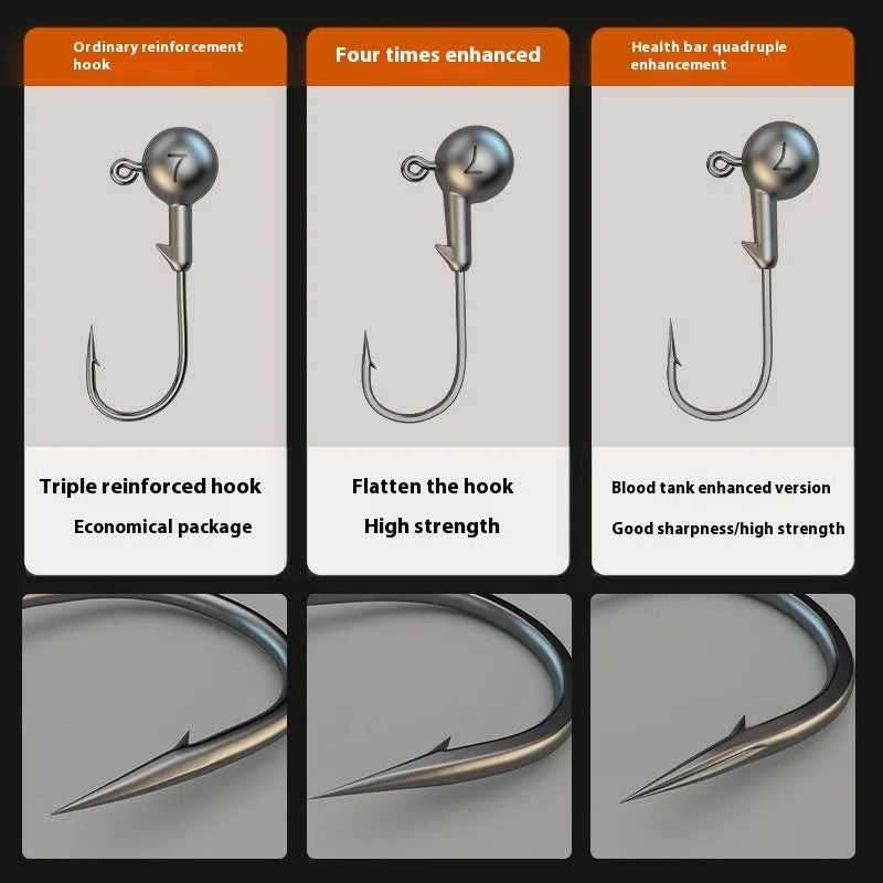 Set of 50 enhanced strength lead-headed jig hooks in primary colours for fishing