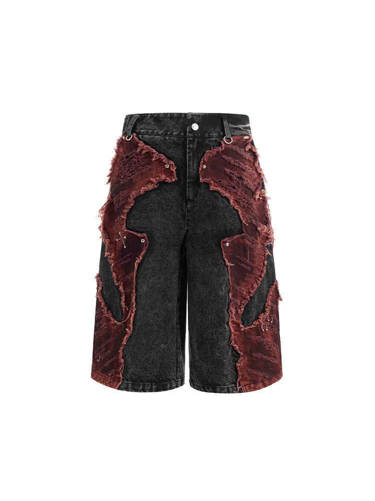Distressed denim cropped pants with wide-leg cut and mid-high waist in cotton fabric