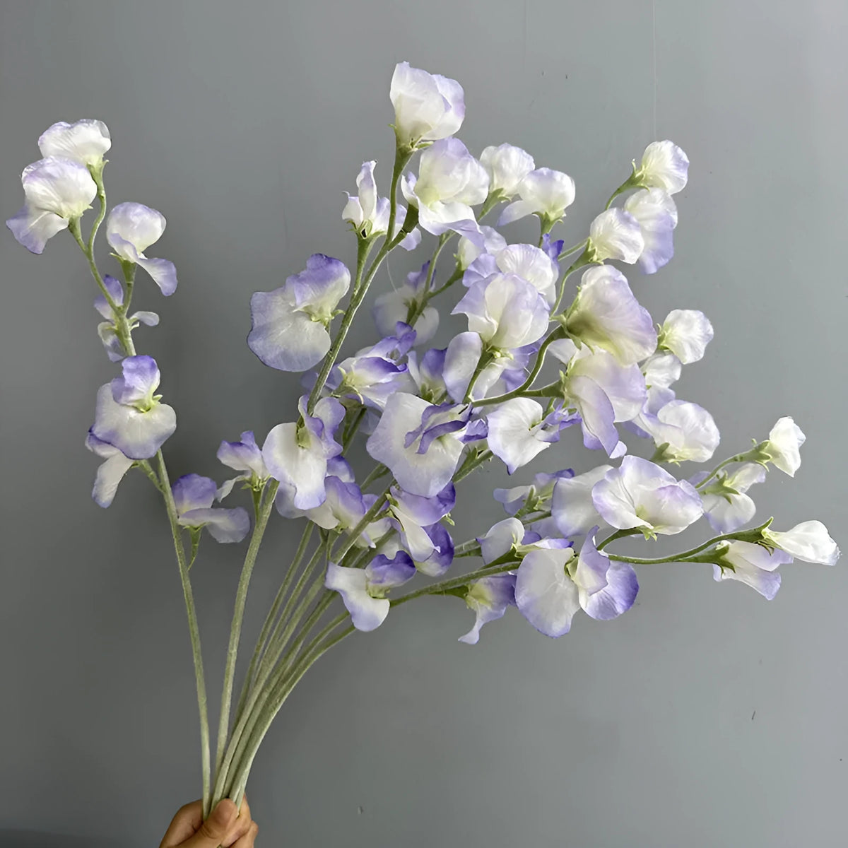 Purple flocking fragrant pea fake flower 63cm artificial silk stem on white background