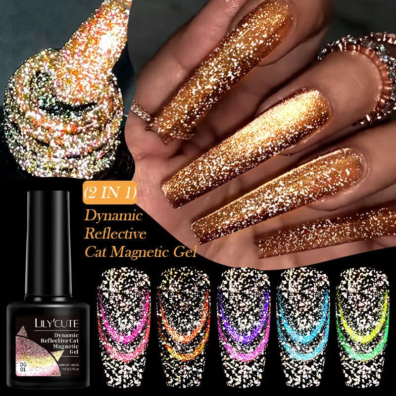 Cat eye nail polish gel with diamond glitter fragments in six colour style options including fluorescent UV brilliant variations