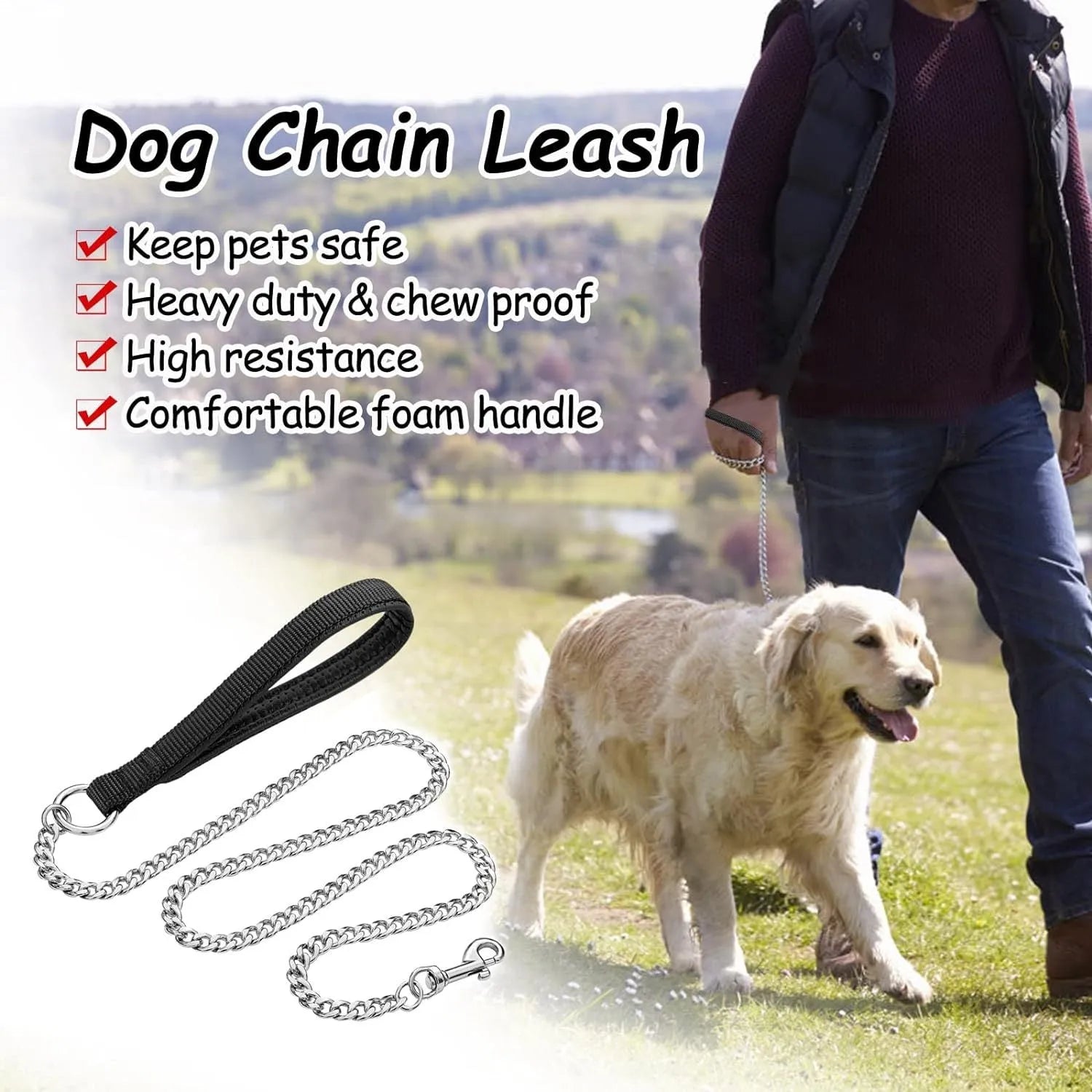 Heavy duty metal dog leash with soft padded handle showing black colour option