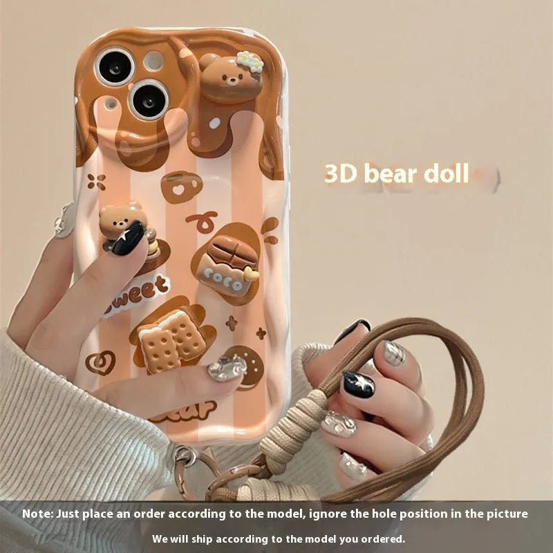 Cream pattern silicone phone case with chocolate doll lanyard for Apple iPhone anti-fall protection