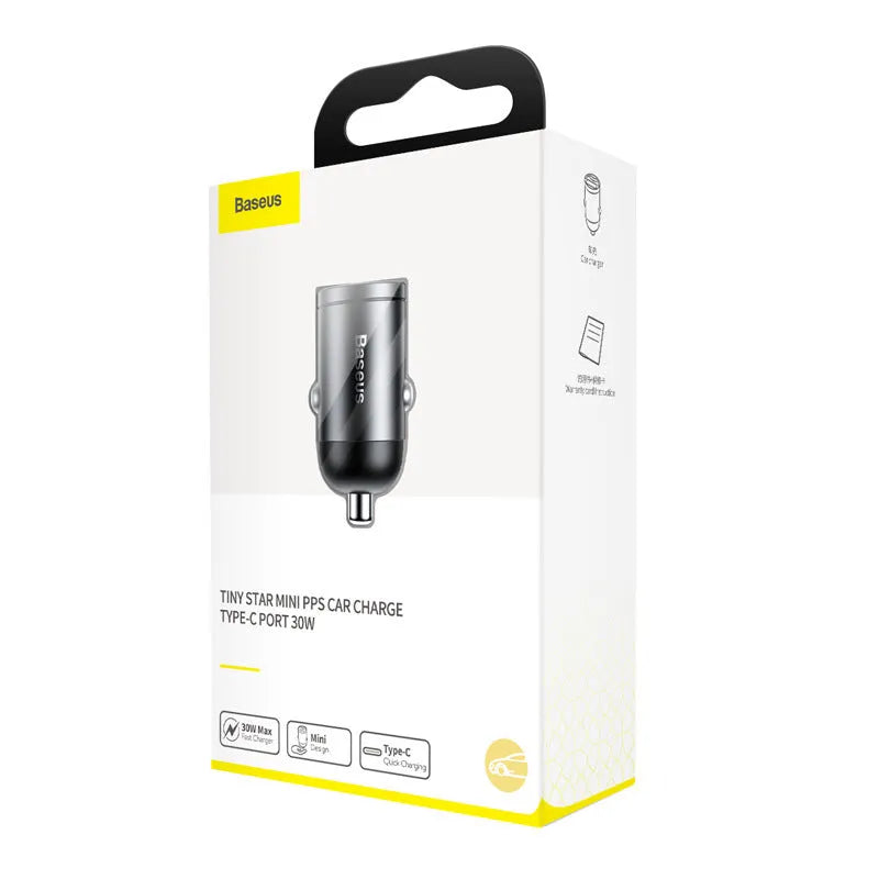 Baseus Huixiaoxing Mini Car Charger 30W single USB PPS fast charger in electro-optic grey with attached 1m cable