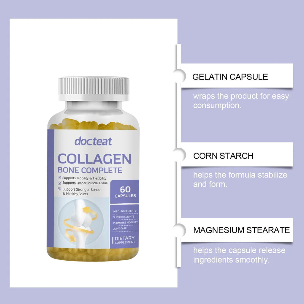 Bottle of 60 collagen and multivitamin capsules containing vitamin C, D3, K2 and calcium