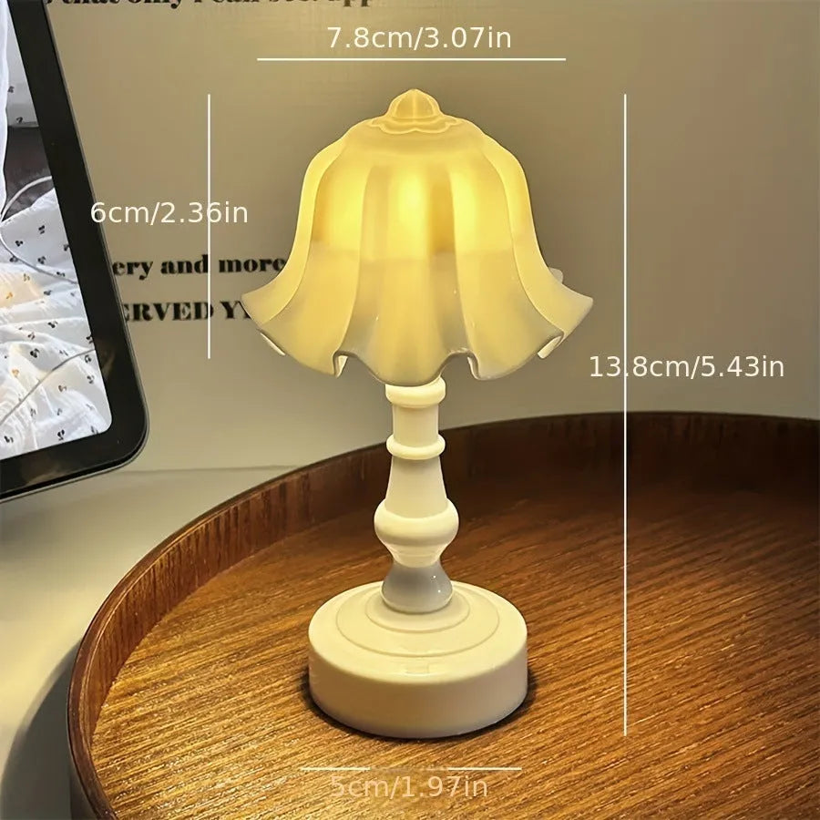Battery-powered decorative table lamp with LED light, white pleated shade