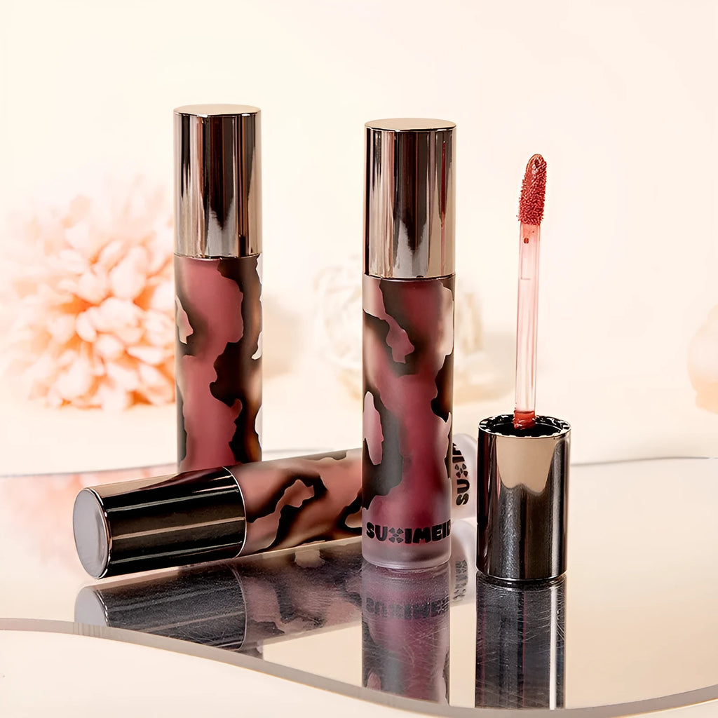 Lava Secret Matte Lip Mud Lipstick in five colour shades: orange brown coffee, cool grey, cinnamon coffee, jujube red, smoked purple.