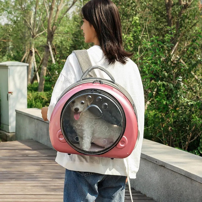 Transparent space capsule cat carrier bag in PC canvas material with rose gold cover