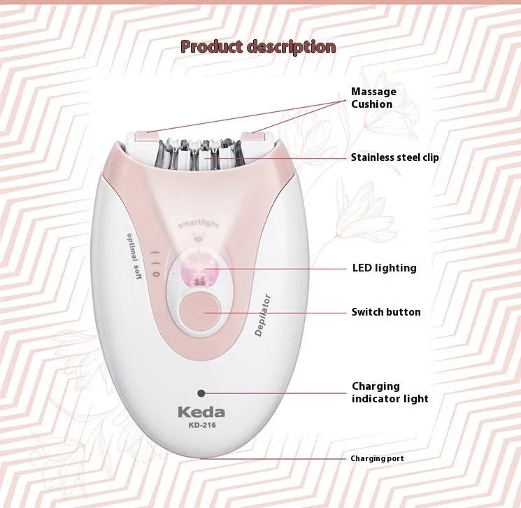 KEDA-216 colour USB electric hair removal device with charger and cleaning brush