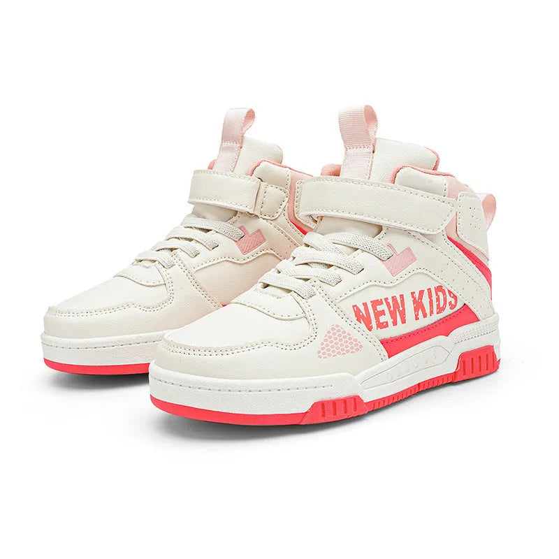 Children's street sneaker with buckle closure in beige green, showing PU upper and rubber sole.