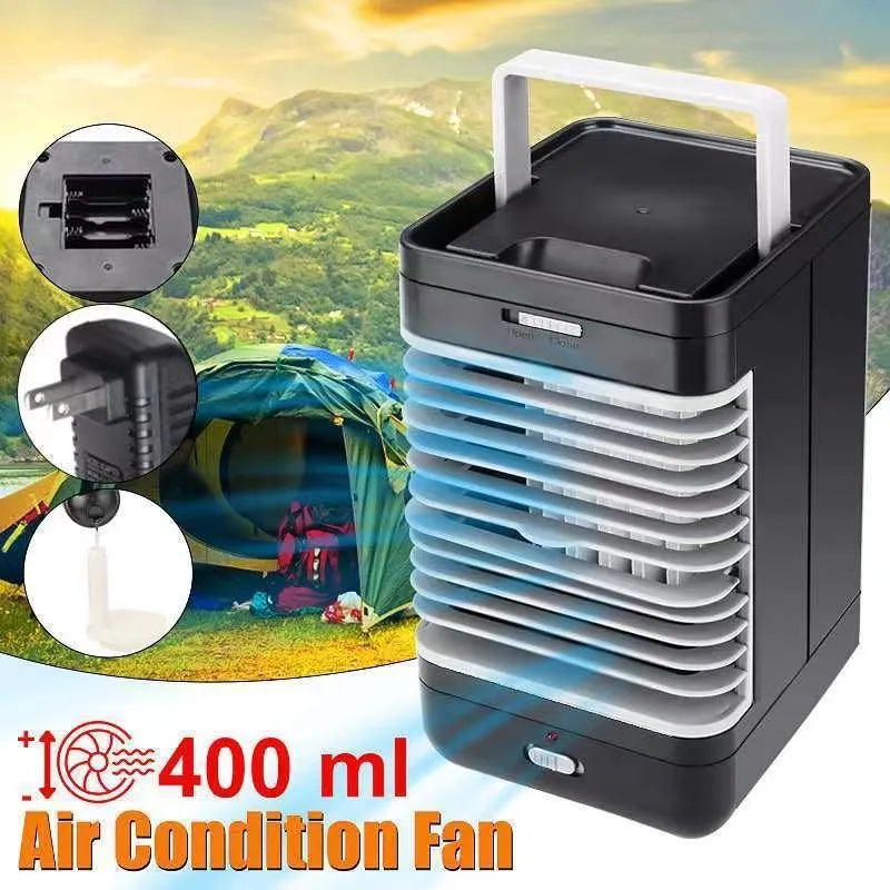 Portable vertical USB evaporative air cooler in black with water tank and ice cube function on a desk