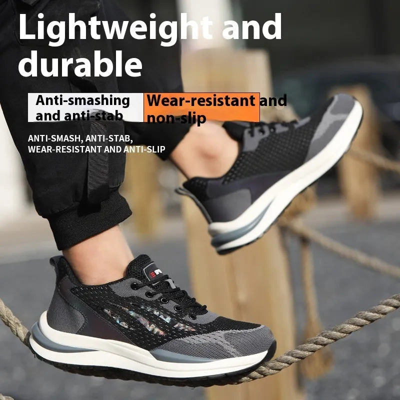 Men's black and grey low-top safety shoes with plastic toe cap, lace-up front, and textured PU sole.