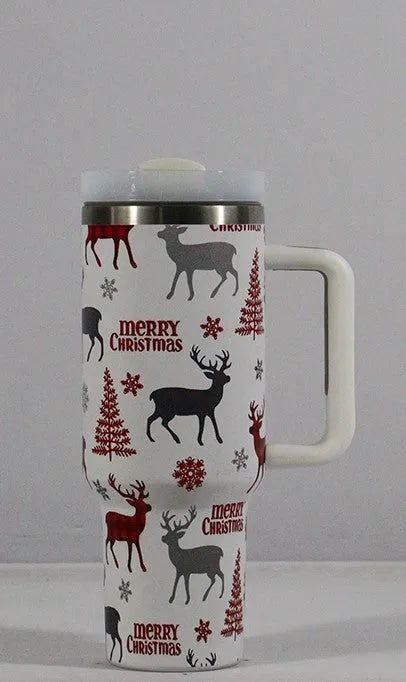 Christmas pattern stainless steel vacuum tumbler with handle, lid and straw - 1200ml capacity travel cup