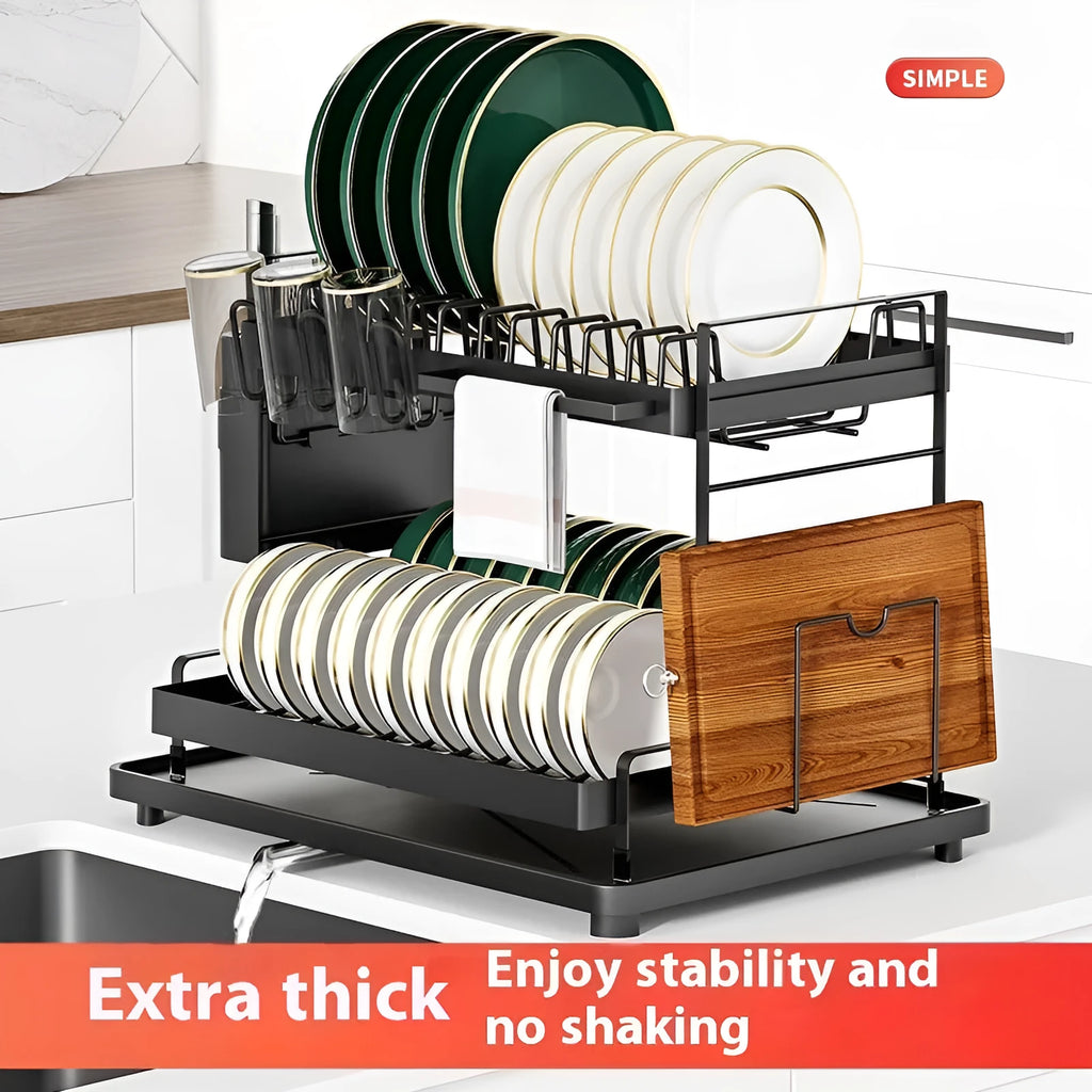 White double-layer kitchen storage rack with removable draining on countertop