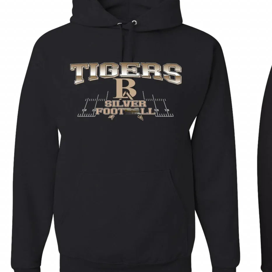 Black drop-shoulder sleeve pullover hoodie on a hanger, simple collarless design.