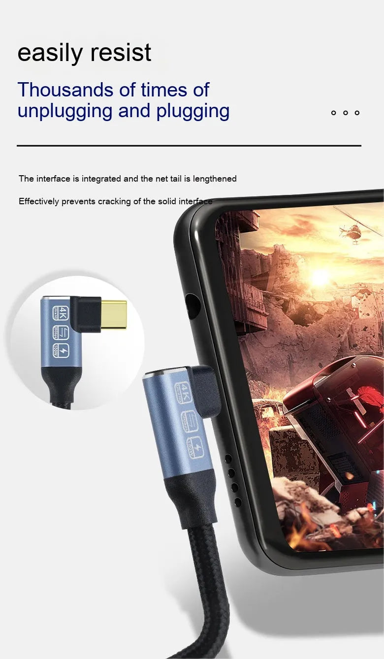Double Type-C full-function woven fast charging data cable in black single-bend design on grey background