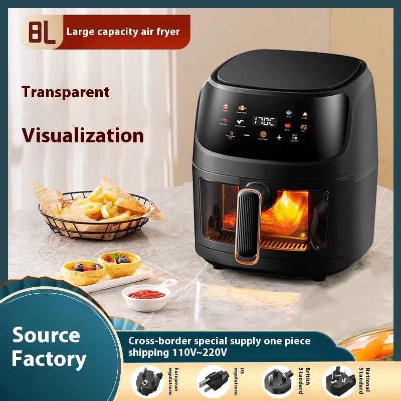 Home 8L black air fryer with colour touch screen, electric hot air convection, and automatic power-off on countertop