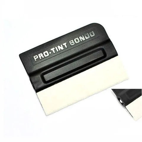 Car vinyl wrap scraper tool with black ABS plastic handle and interchangeable blue deerskin scraping pad.