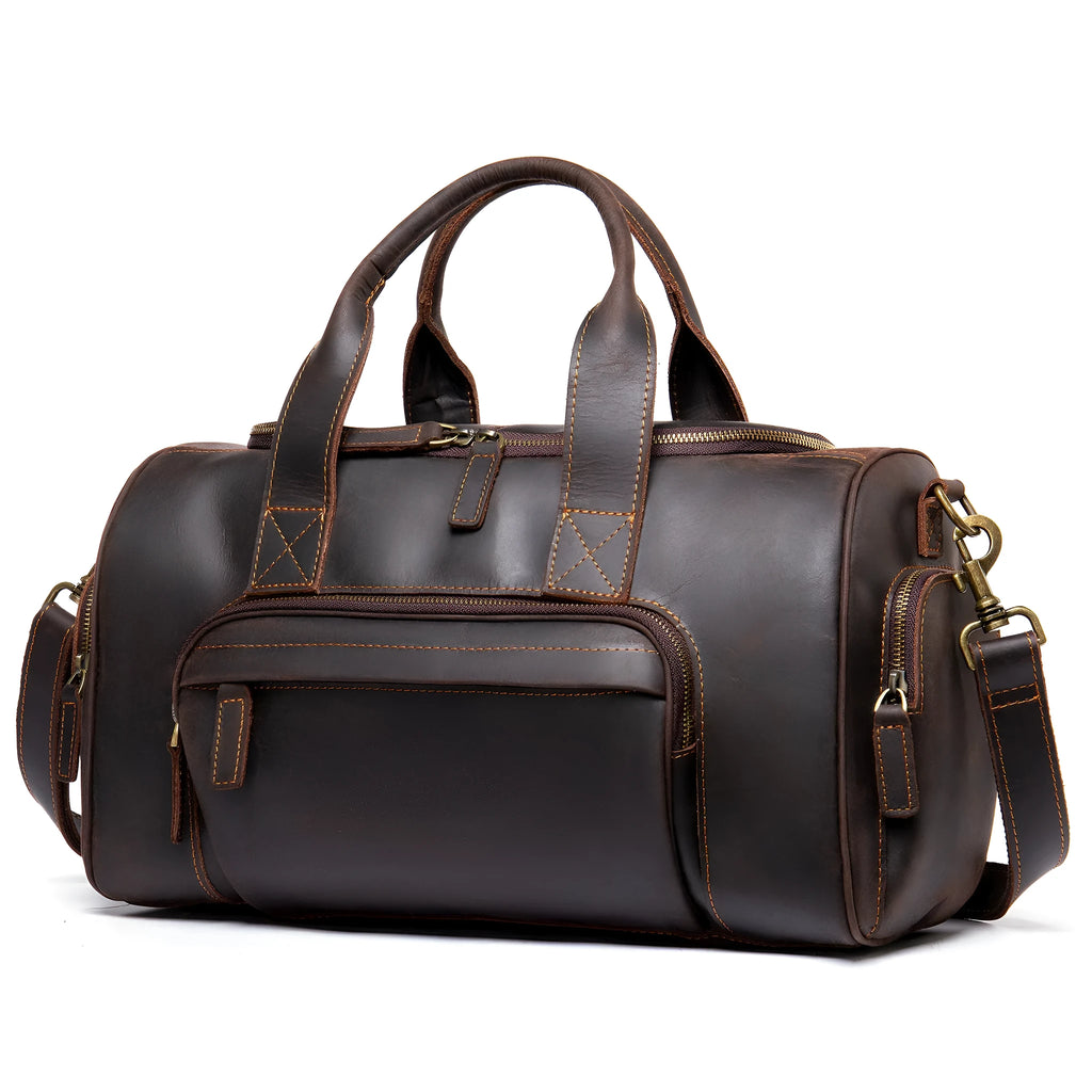 Leather retro men's hand luggage bag large capacity coffee colour soft strap