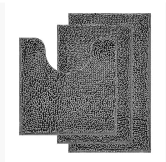 Chenille long hair three-piece bathroom mat set showing square, rectangular, and U-shaped pieces in a modern colour.
