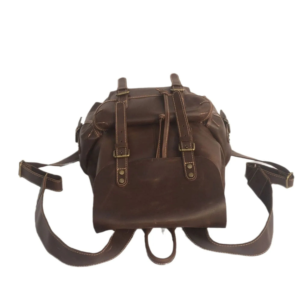 Brown genuine leather men's backpack with an air pillow belt system on the straps.