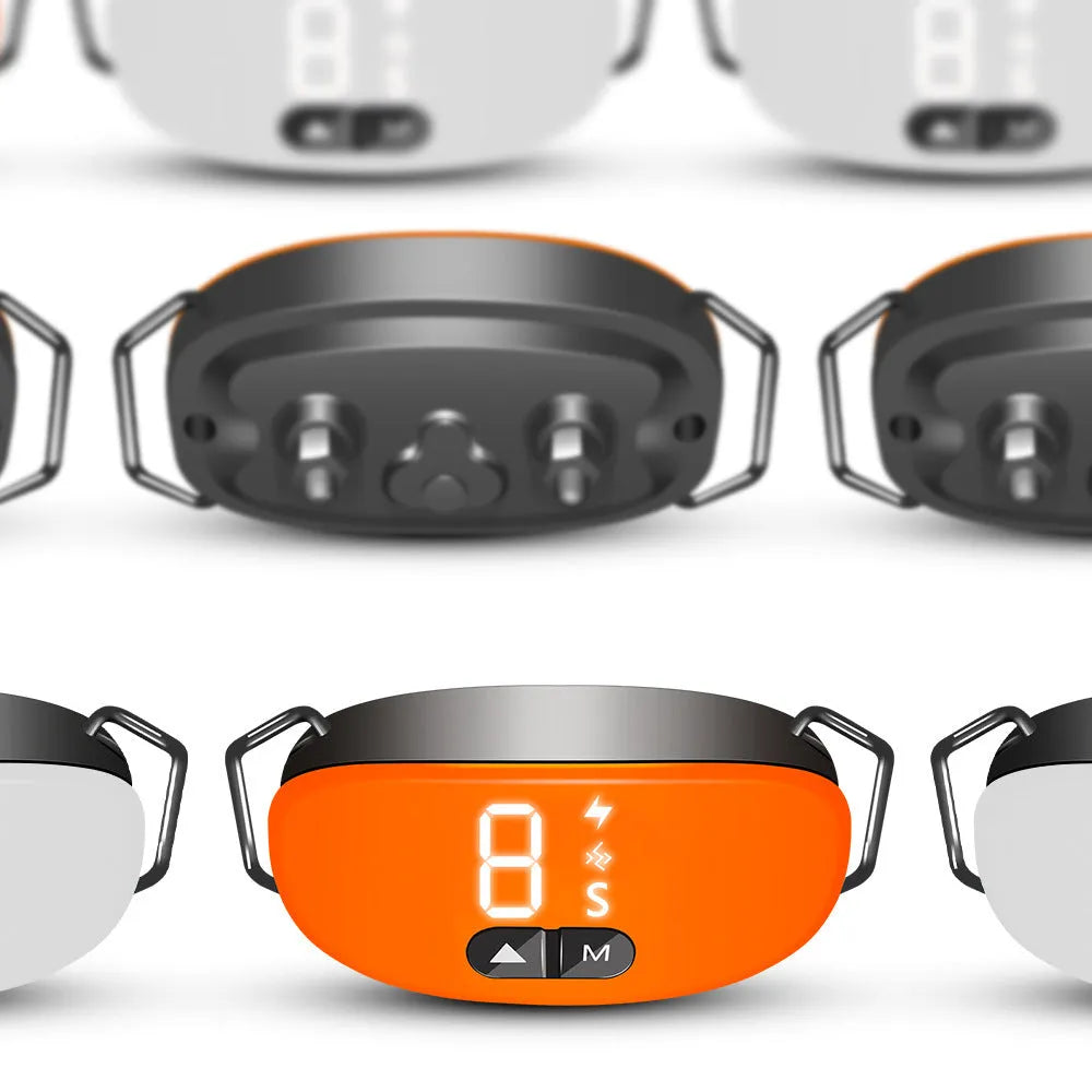 Bark Stopper plastic dog collar in black white and orange for barking prevention