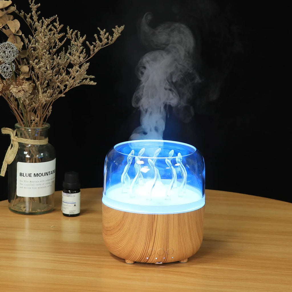 Wood grain rotating dynamic spray jellyfish ambience light humidifier with black finish