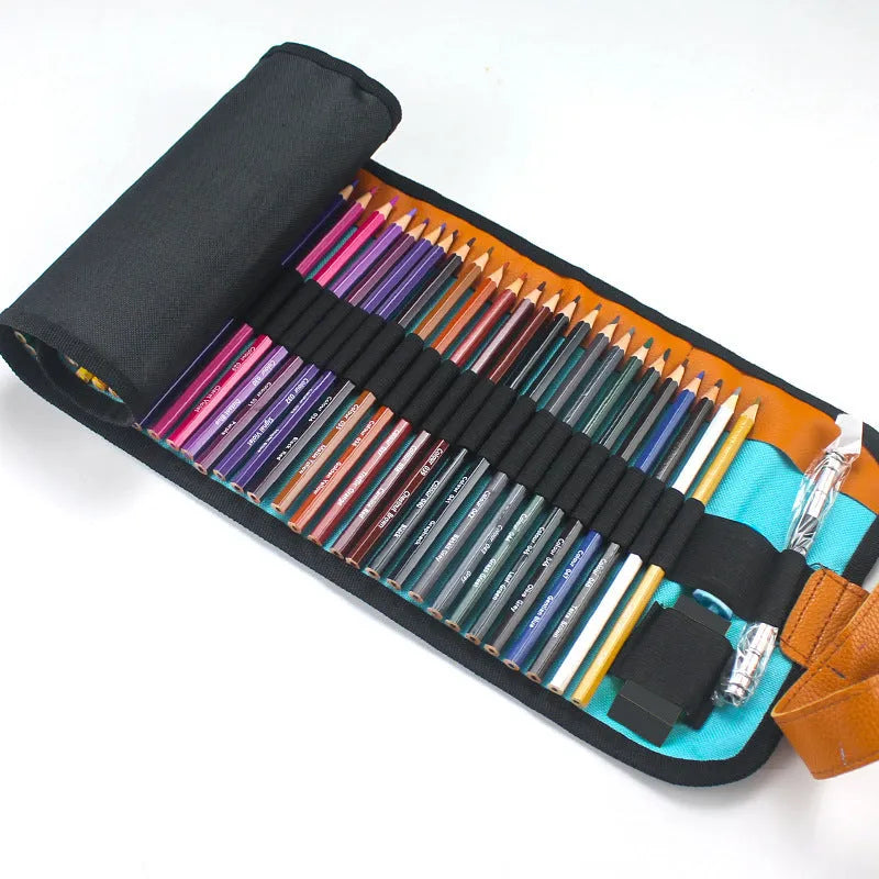 Set of fifty wooden coloured pencils in basswood barrels with protective storage case