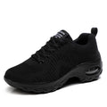 Women's round toe front lace-up low top mesh sneakers in black with flat heel for casual sports