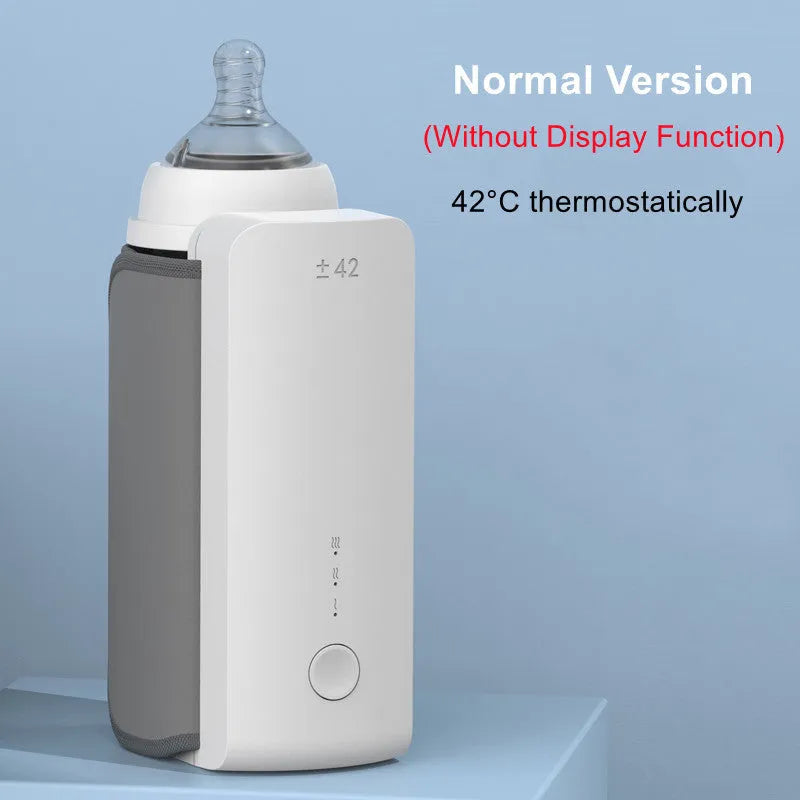 Portable wireless baby bottle warmer with USB charging cable showing wrap-around non-woven design