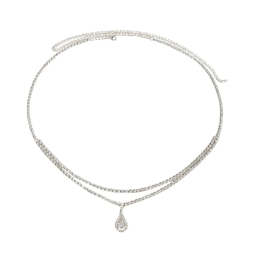 Women's rhinestone waist chain with water drop pendant showing gold and silver colour options