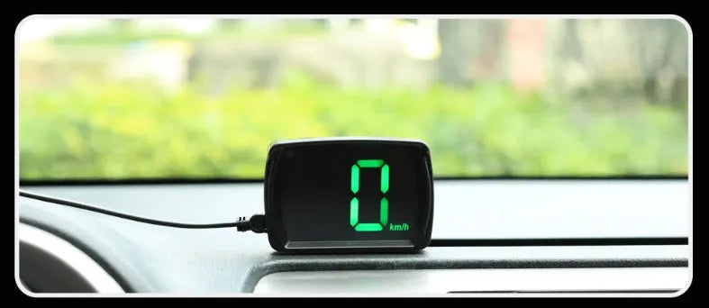 Universal HUD head-up display car speedometer with USB cable, non-slip mat, and ABS housing in white and green colour options