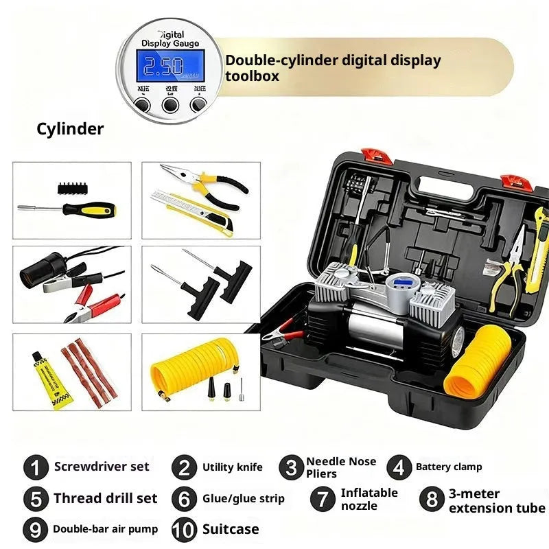 Vehicle multifunctional double cylinder 150W air pump in digital display toolbox with tyre pressure gauge