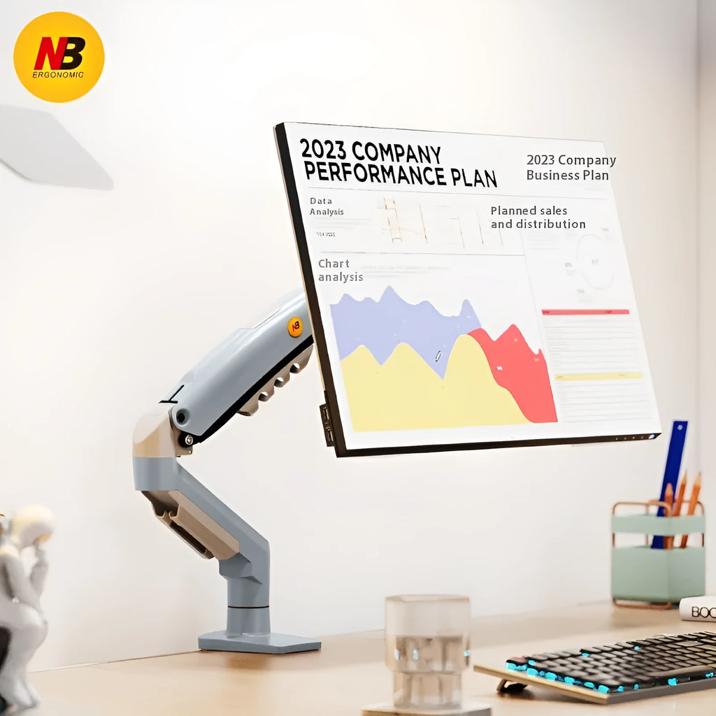 F80-XV grey aluminium alloy robotic arm monitor bracket on desk with screw kit