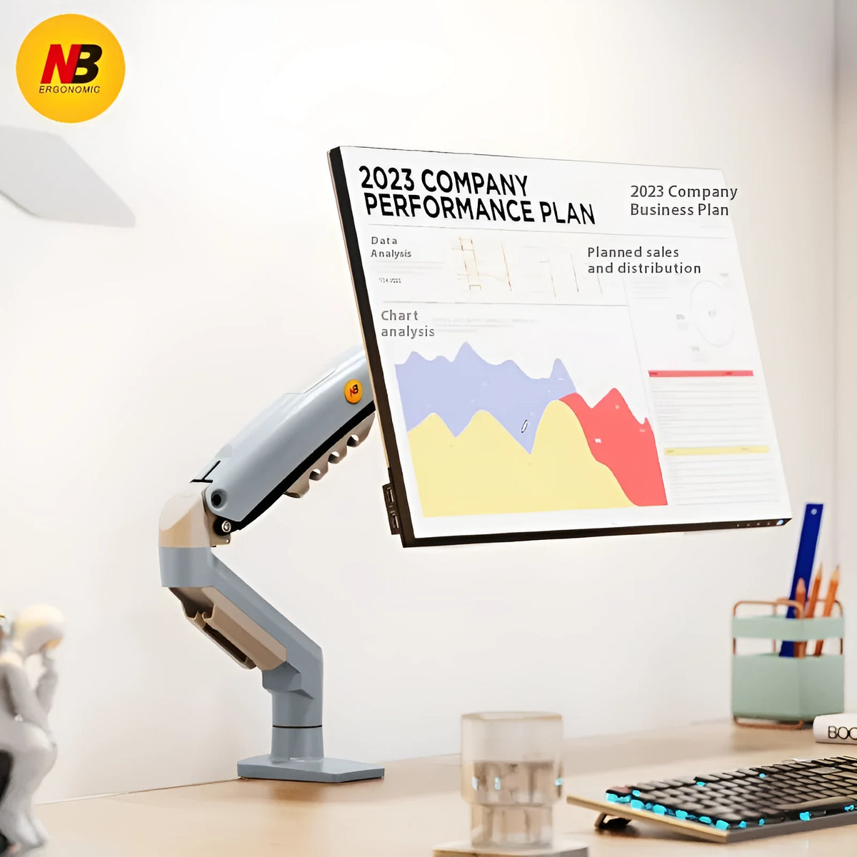 F80-XV grey aluminium alloy robotic arm monitor bracket on desk with screw kit