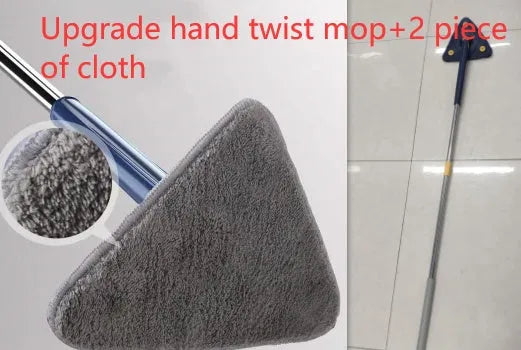 Blue triangle cleaning mop with rotating head and extendable stainless steel pole on a tiled floor