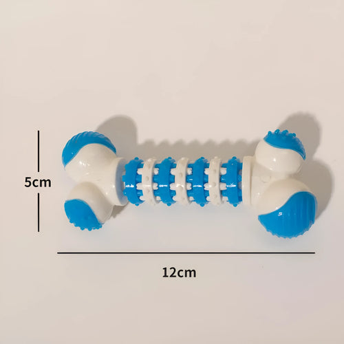 Blue bone-shaped dog toy with a treat holder in the centre for small breeds