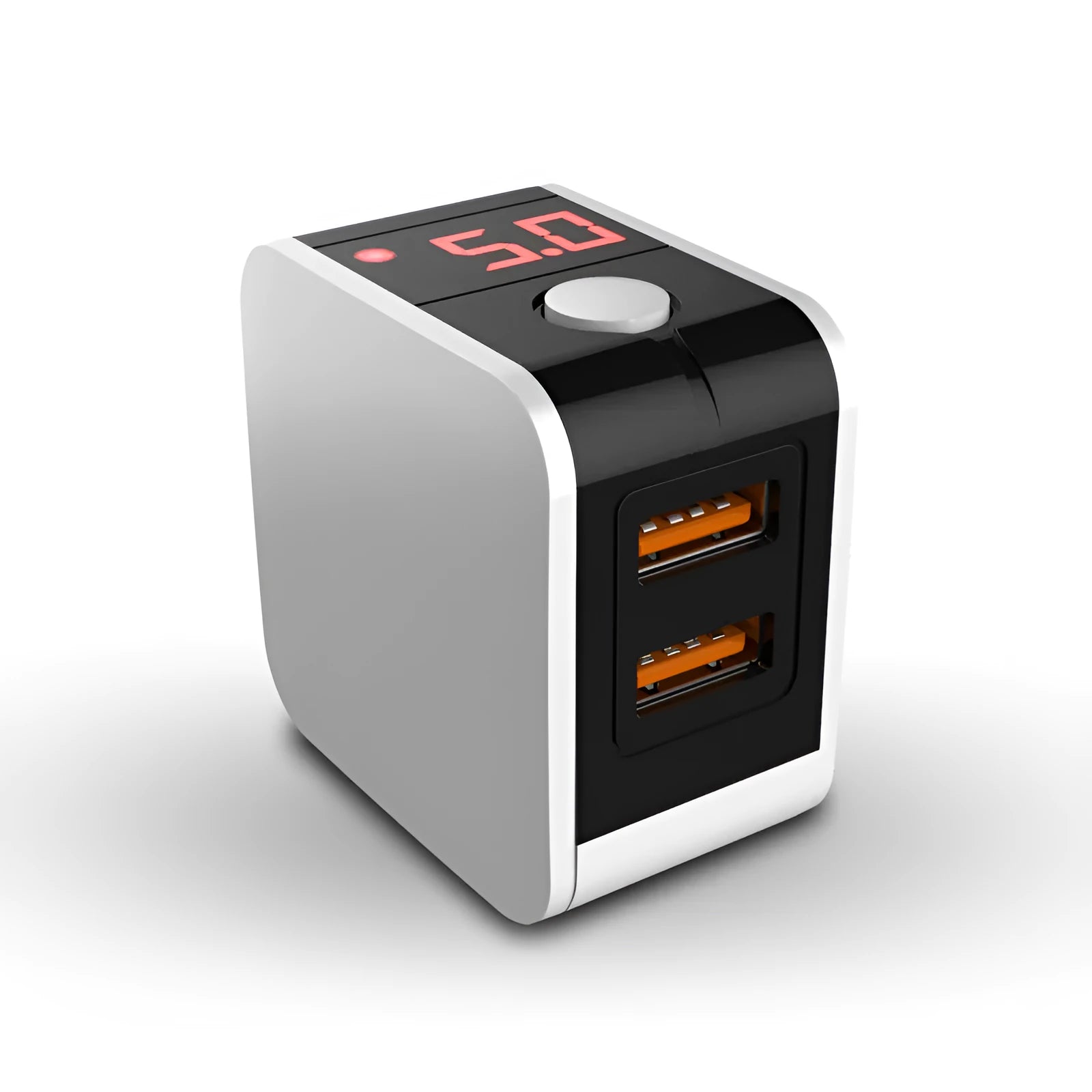 5V2.4A dual USB travel wall charger with digital display in black, white, or red colours