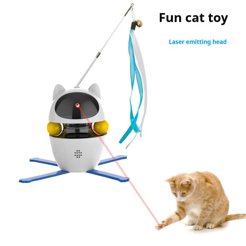 White automatic cat toy with rotating colourful stick and elastic rope for indoor pet entertainment