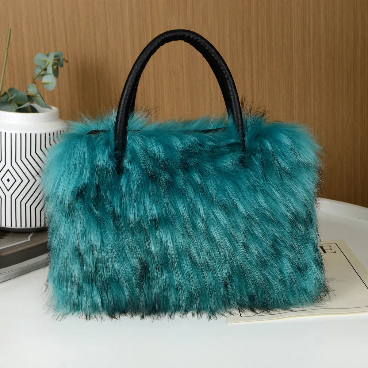 Soft plush handbag shoulder tote with double straps and three-dimensional outer pocket in multiple colours