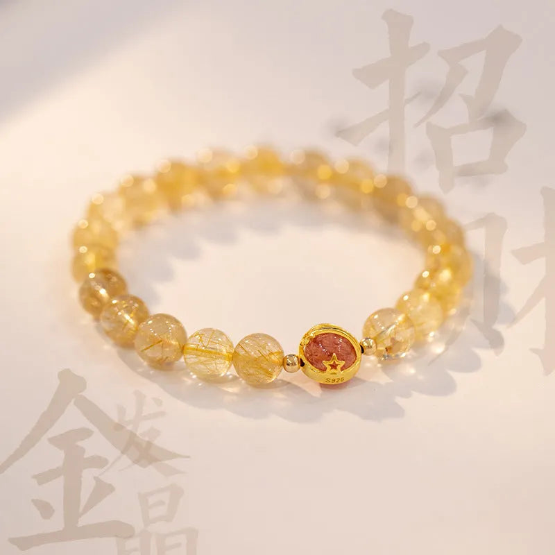 Citrine natural crystal bracelet with gold rutilated quartz beads in diamond cut