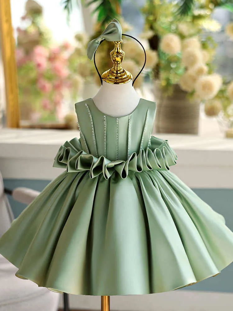 Girls' fruit green satin sleeveless slim-fit party dress on white background, multiple height options