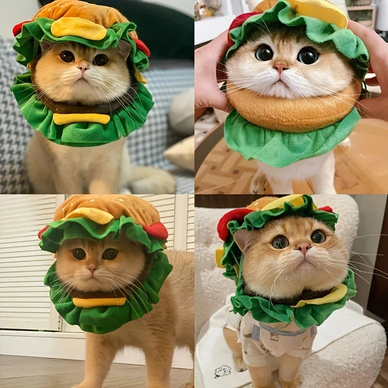 Burger-shaped cartoon headdress collar for a cat, shown on a feline model, with adjustable neck strap.