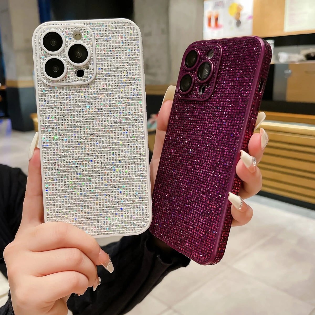 16 Por phone case with diamond lens protector in black for iPhone 12-16 series, PC material, drop-resistant